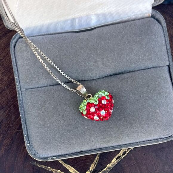 90s Sterling Silver Rhinestone Strawberry Necklace in Sterling Silver Fruit - Picture 10 of 10